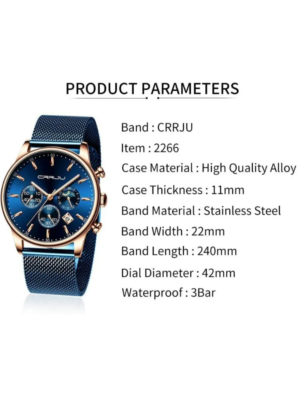 Men's Blue Chronograph Auto Date Steel Quartz with Mesh Strap Fashion Wristwatch